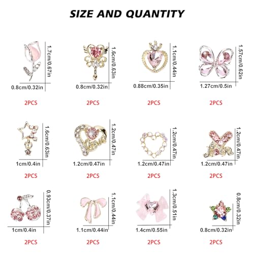 24PCS Nail Charms Y2k Alloy Nail Art Rhinestone Charms 3D Heart Star Bow with Rhinestones Cherry Nails Gems Shiny Jewelry Nails Decorations Accessories Supplies (AD24)