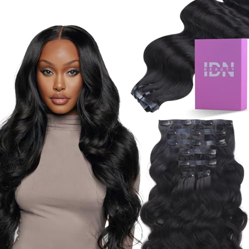 IDN BEAUTY Seamless Clip In Hair Extensions Human Hair, Body Wave 14 Inch 110g 7pcs Natural Black Real Virgin Human Hair Seamless Clip Ins For Black Women PU Weft Invisible Edge