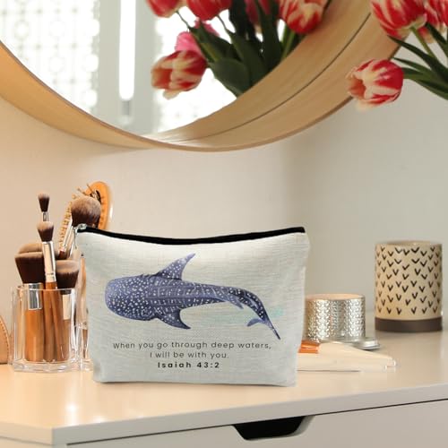 Whale Shark Christian Makeup Bag Pouch, Christian Shark Gifts for Women, Bible Verse Gifts Isaiah 43:2, When you go through deep waters I will be with you