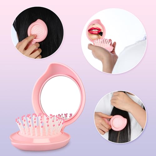 Boao 2 Pack Foldable Travel Mirror Hair Brushes Round Portable Folding Pocket Hair Brush Mini Comb Compact Travel Size Massage Comb for Men Women (Pink,Mango)