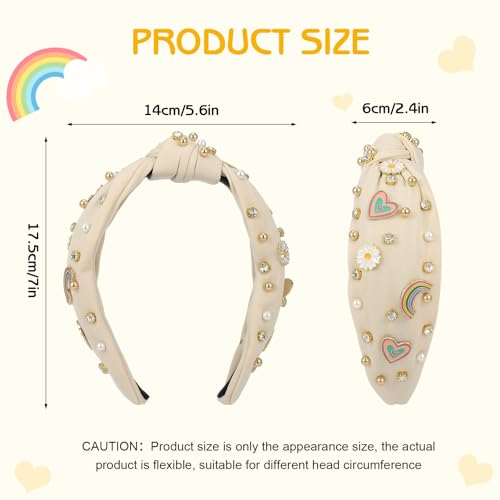 Boho Rainbow Daisy Headband - Pearl Knotted Twist Headpiece for Women & Girls, Beige, Sparkly Crystal Rhinestone