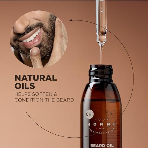 CHI Pour Homme Beard Oil for Men, Softens & Smooths Hair & Moisturizes Skin, Promotes Growth, Made With Aloe Vera & Nettle, Fresh, Woody Scent, 2 oz