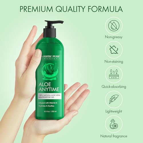 Majestic Pure Aloe Vera Gel for Face and Hair - with vitamin E, Soothes, Moisturizes, & Nourishes Skin & Hair, Soothes Sunburn | 8.5 Fl Oz