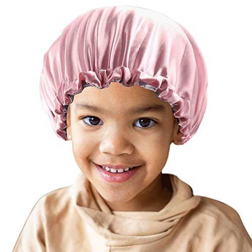 Medium Kids Satin Bonnet Sleeping Cap for Natural Hair Teens Child Adjustable Satin Cap for Night Sleeping Reversible Double Layer Pink/Purple
