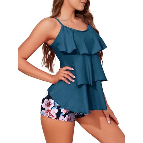 Womens Tankini Swimsuits with Boy Shorts Tummy Control Plus Size Modest Flounce Vintage Tank Top Two Piece Bathing Suits