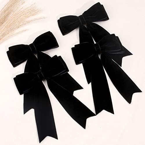 4PCS Velvet Hair Bows for Girls, Black Hair Bow Clips Ponytail Long Ribbon Bows Hair Accessories for Women Girls Toddlers Infant (Black)
