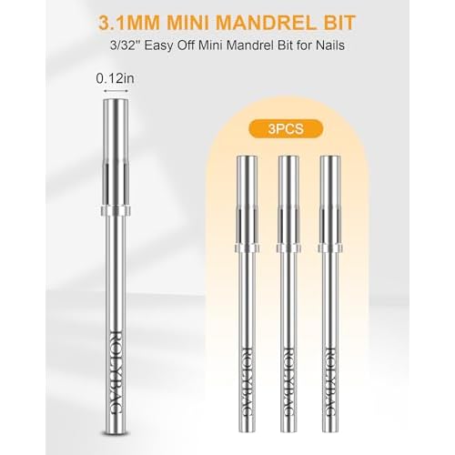 Rolybag Mandrel Nail Drill Bit, Mandrel Bit for Small Sanding Bands, 3/32'' Easy Off Mini Mandrel Bit for Nails, Suitable for Acrylic Nails Gel Manicures, Silver Mandrel Drill Bit 38mm x 3.1mm