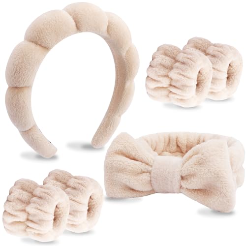 VELSCRUN 6 Pack Spa Headband, Makeup Headband, Face Wash Headbands, Skincare Headbands, Brown Sponge Hair Band Bow Tie Spa Head Band for Washing Face Wristband Set Hair Accessories for Women