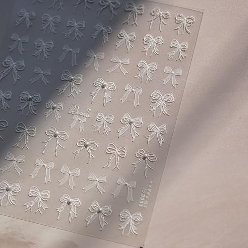 5D Embossed White Lace Bowknot Nail Art Stickers Pearl Bow Nail Stickers for Nail Art Supplies Retro Relief Bow Nail Decals Self-sdhsive Bow Stickers for Nails Ribbon Bows Nail Accessories for Women