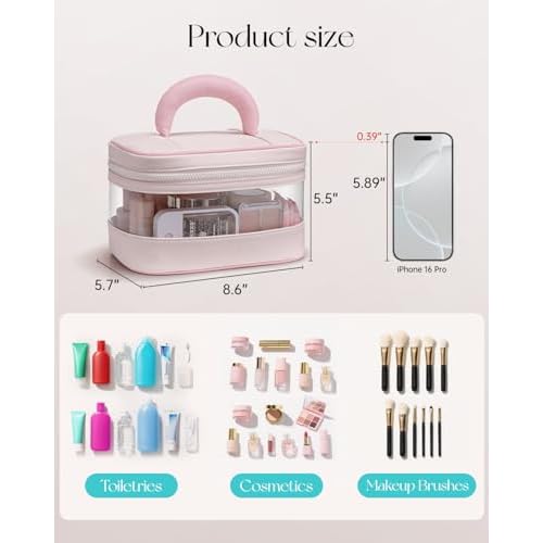 Vlando Travel Makeup Bag, Large Travel Toiletry Bag for Women Girl, Waterproof Cute Cosmetic Bag with Handle, Clear Make up Bag for Cosmetic, Brushes, Skincare-Apricot Pink