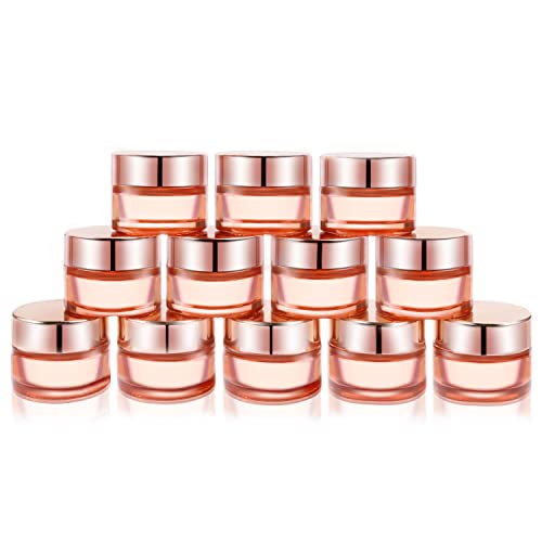 Cositina 12 Pack 1oz Pink Glass Jars,Empty Round Storage Travel Containers with Rose-Golden Lids & Inner Liners,Refillable Cosmetic Vials for Moisturizer,Creams,Salve, Lotion