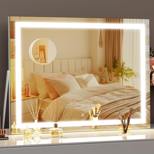 Vanity Mirror with Lights, 15"¡¿ 11" LED Makeup Mirror, Lighted Makeup Mirror with Lights, Smart Touch Control Dimmable 3 Modes Light 360¡ÆRotation White