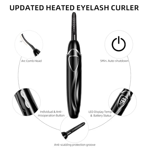 Heated Eyelash Curler, S600 Heated Lash Curler, Accurate Temperature Control Electric Eyelash Curler Heated - Intelligent Power Off, Natural Long Lasting Makeup (Black/Silver, S600-148MM)