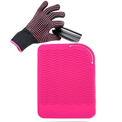 Heat Resistant Glove with Heat Resistant Mat for Curling Iron, Hair Straightener, Flat Irons, Silicone Bump Glove, 9¡± x 6.5¡± Food Grade Silicone Mat, Pink