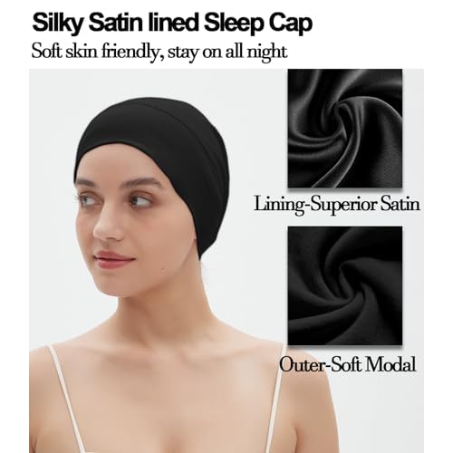 Satin Bonnet for Sleeping Night Cap, Satin Lined Silk Bonnet Large Sleep Cap for Curly Braids Hair Beanie Black Women