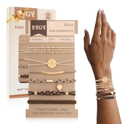 6 PCS Hair Bracelets for Women, Letter Boho Hair Ties for Thick & Thin Hair, Gold Initial Bracelet Sets, Dual-Use Stretch Bracelets, Braided Hair Ties for Ponytail Holders(A)