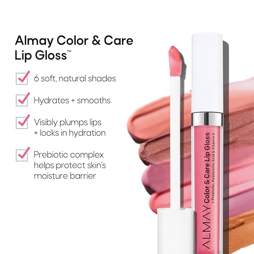 Almay Color & Care Hydrating Lip Gloss, Soft Natural Hues, Prebiotic Complex, Hyaluronic Filling-Sphere Technology, 200 Rose Glow, 0.1 Fl Oz