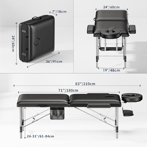 Brelley Massage Table Portable, 2-Fold Lash Bed with Side Pocket, Adjustable Height, Sturdy Aluminum Frame, Esthetician Spa Facial Tattoo Bed with Face Cradle & Carrying Bag, Black