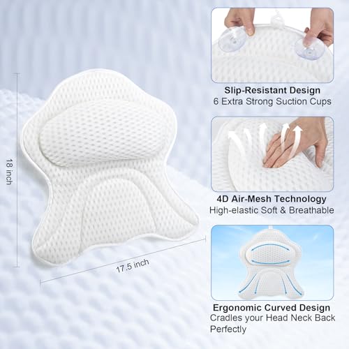 Bath Pillows for Tub Luxury Bathtub Pillow for Neck and Back Support, Soft Bath Tub Pillow Headrest Washable with 4D Mesh & Non-Slip Suction Cups, Relaxing Bath Accessories Spa Gifts for Women (White)