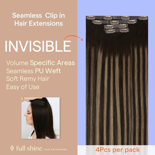 Full Shine Balayage Brown Clip In Hair Extensions, Ombre Brown Higlight Blonde, Invisible Seamless Hair Extensions Clip In, Remy Pu Weft Fill Ins For Thin Hair Add Volume, 4 Pcs 22 Inch 95G