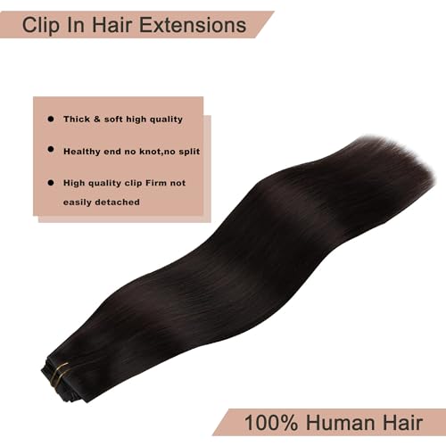 Clip In Hair Extensions Real Human Hair 16Inch 90g 100% Remy Human Hair Extensions Clip Ins Invisible Seamless Straight Human Hair Clip In Extensions 7pcs Double Weft 2#(Black Brown)