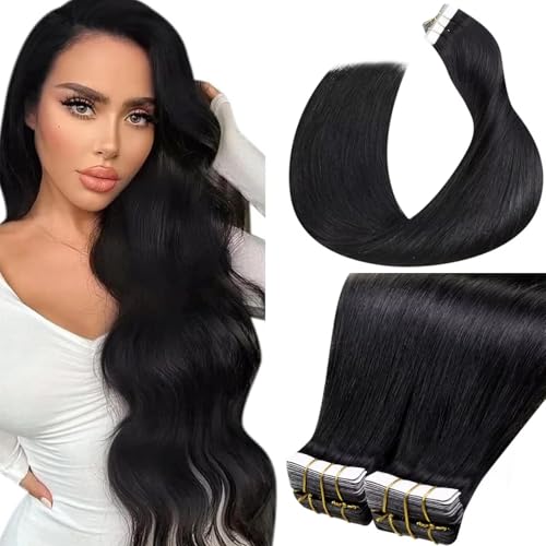 LaaVoo Jet Black Hair Extensions Tape in Real Hair Tape in Hair Extensions Human Hair Invisible Tapes on Human Hair Extensons Silky Straight Hair 24inch 100g 40 Pieces