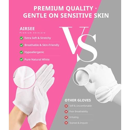 AIRSEE 2 Pairs White Cotton Gloves with Laundry Bag, Overnight Moisturizing SPA for Dry Hands and Eczema, Work Glove, Stretchy Fit for Men and Women, Regular M