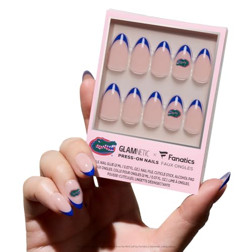 Glamnetic x Fanatics Press On Nails - Florida Gators | Short Almond Fake Nails, Collegiate Gators Blue French Tips, College Nails, Salon-Quality | 15 Sizes - 30 Nail Kit with Glue