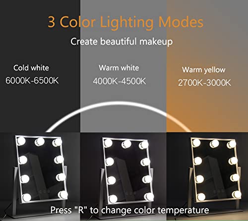 IMEASY Vanity Mirror with Lights，Hollywood Lighted Makeup Mirror with 3 Color Modes and 9 Dimmable Diamond LED Light Bulbs Detachable 10X Magnification 360° Rotation Touch Control