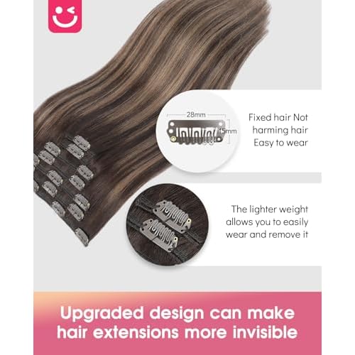 Youngsmile Clip in Hair Extensions Real Human Hair, Human Hair Clip in Extensions, Silky Straight Double Weft, 18 Inch 120 Gram 7 Pcs,Balayage Dark Brown to Chestnut Brown (CLIP#2/6/2-18Inch)