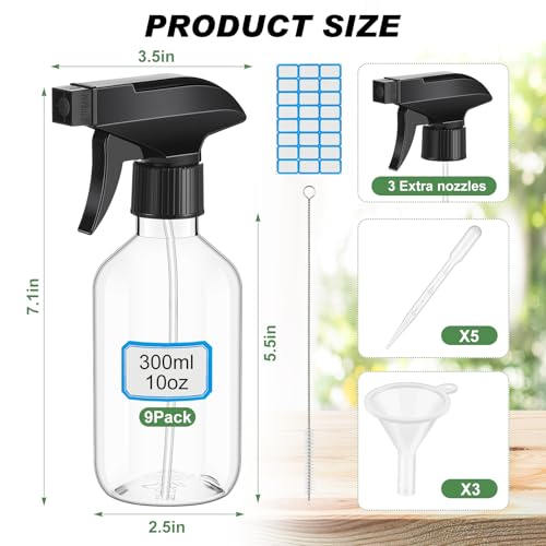 9 Pack 10oz/300ml Plastic Spray Bottle Bulk for Plant Small Spray Bottle Fine Mist Water Sprayer Upgraded Adjustable Nozzle Refillable Empty Containers for Cleaning, Hair, Cooking(Clear)