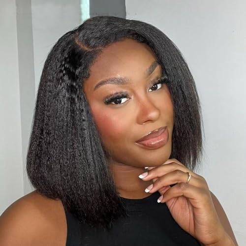 Natural Color 4C Kinky Edges Curly Baby Hair Hairline Yaki Straight Bob 13X4 HD Lace Front Pixie Cut Wig Glueless Human Hair Pre Plucked with Bleached Knots 180 Density for Black Woman 12 Inch