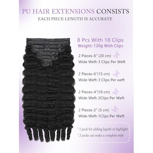 PU Burmese Curly Clip in Hair Extensions Real Human Hair 100% Brazilian Human Hair Clip Ins for Black Women With 8PCs 18Clips 120g Natural Black (PU-Burmese curly #1B, 18 Inch)