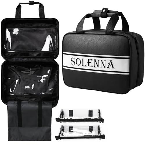 Solenna Black Travel Toiletry Bag for Women Men, Large Waterproof Leather Makeup Cosmetic Bag with 2 Removable Clear Bags, Portable Hanging Make Up Bag Bathroom Shower Toiletries Travel Organizer