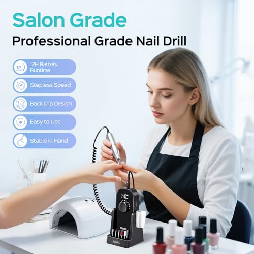 COSLUS Professional Rechargeable Electric Nail Drill 40000 RPM, Portable Nail File with Storage Stand for Acrylic Gel Polishing Removing - Easy to Use for Women, Manicure at Home DIY or Salon, Black