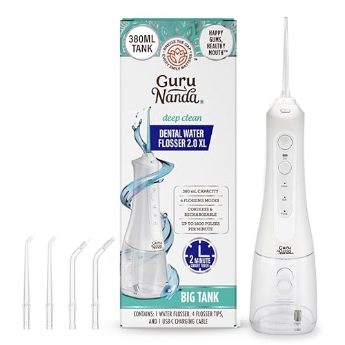 GuruNanda Water Dental Flosser 2.0 XL ? 380ML Large Tank, 4 Flossing Modes, Cordless & Portable with Smart Timer for Deep Cleaning & Happy Gums - White