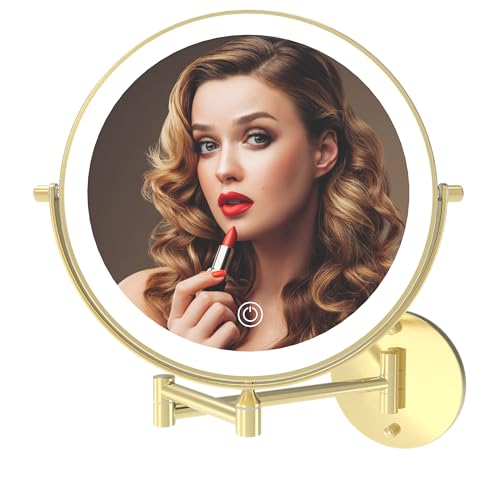 Rechargeable Wall Mounted Lighted Makeup Vanity Mirror 9 Inch Double Sided 1X 10X Magnifying Bathroom Mirror, 3 Color Lighting, Touch Screen Dimming, 360 Rotation Shaving Mirror Gold