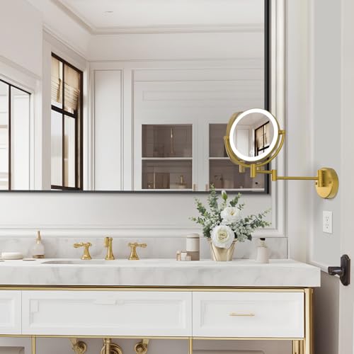 Hardwired Bathroom Makeup Mirror Wall Mount Gold, Double Sided 1/10X Magnifying Make up Mirror with Lights 3 Color & Adjustable Brightness, 360 Swing Arm Shaving Mirror, Brushed Moderne Brass