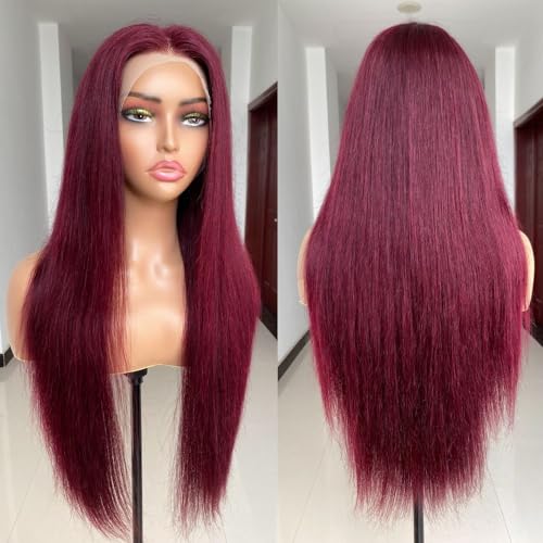 REMY HAIR 13x4 Lace Front Wigs 99J Burgundy Lace Front Wigs Pre Plucked Red Wig with Baby Hair, Straight Red Lace Front Wigs Human Hair for Black Women 150% Density (20 Inch)