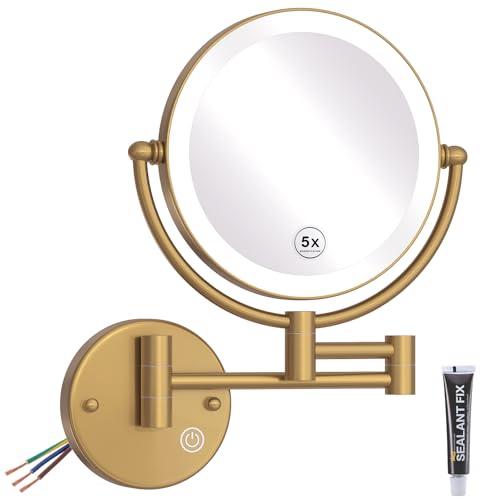 Hardwired Lighted Magnifying Makeup Mirror Wall Mount Gold, 1/5X Double Sided Vanity Mirror Bathroom, Touch Dimming, 360 Rotation Extension Arm Shaving Light up Mirror, Brushed Moderne Brass