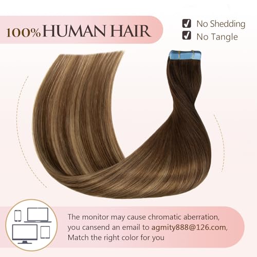 Invisible Tape in Hair Extensions Human Hair 14 inches 20pcs 40g/pack Chocolate Brown Mixed Honey Blonde Straight Seamless Tape in Hair Extensions(14 inches #T4-P27-4)