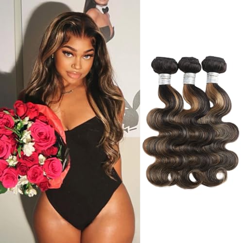 Honey Blonde Bundles Human Hair, Highlighted Black and Blonde Bundles Body Wave Balayage Colored 12A 100% Brazilian Virgin Remy Human Hair 1b/27 Ombre Loose Wavy Sew In Weave 18 20 22 Inch