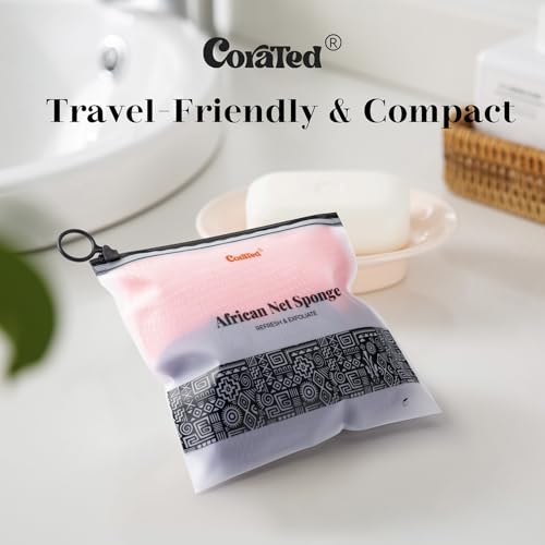 CORATED African Net Sponge Authentic, Shower Loofah Exfoliating Bath Sponge, Body Scrubber for Women and Men Daily Use Body Care, Travel Portable Bath Accessories for Bathroom (Brown & Dark Green)