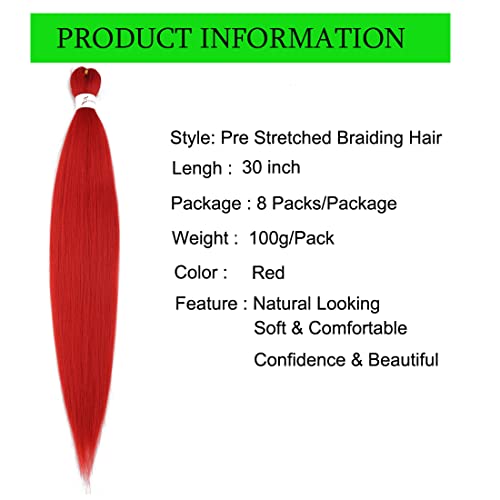 Pre Stretched Braiding Hair Extensions 30inch 8packs Professional Braids Hair Soft Yaki Straight Braid Hair Hot Water Setting Synthetic Crochet Hair (30inch,Red)