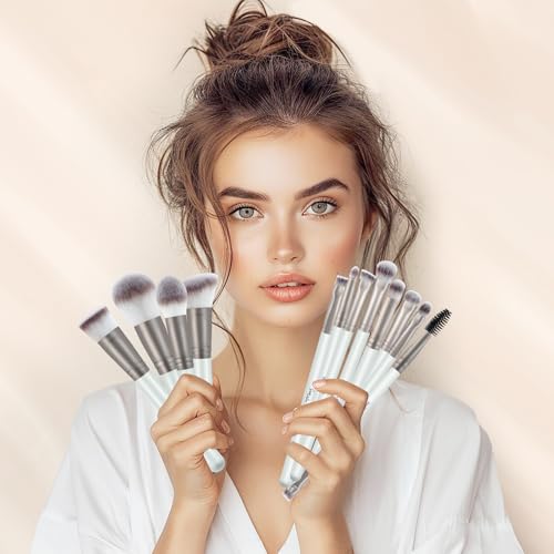 START MAKERS 15PCS Professional Makeup Brushes Set, Premium Synthetic Foundation Powder Concealer Eyeshadow Blush Kabuki Brushes Kit, MakeUp Brushes with 2 Makeup Sponges, Dual-Sided Mirror