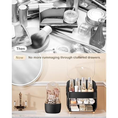 Makeup Brush Holder 360 Rotating, [Upgrade & with Cover] Makeup Brush Organizer for Vanity Countertop Bathroom (Black)