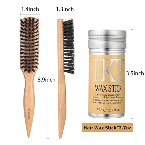 Slick Back Hair Brush & Hair Wax Stick Set ?Boar Bristle Brush for Smooth Flyaways, Frizz, Baby Hair, Sleek Ponytail Buns and Edge & Control Styling
