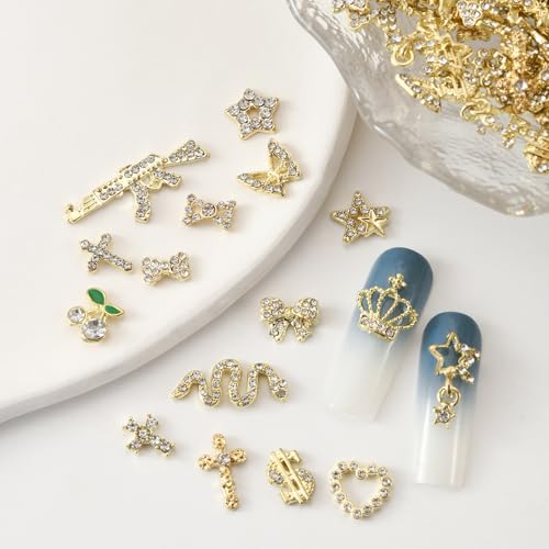 64 Pcs Gold Nail Charms and Gems Y2k Charms for Nails Design Metal Nail Jewels for Nail Art 3D Nail Bow Cherry Butterfly Star Cross Heart Money