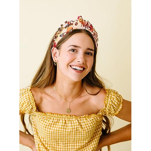 Thanksgiving Pearl Rhinestone Jeweled Knotted Headband - Fall Pumpkin Leaf Print Wide Knot Hairband - Turkey Holiday Hair Accessories Gifts