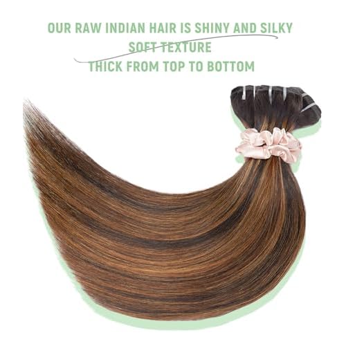 mlip Raw Bundles Human Hair Straight, No Tangle Shedding, Keep Texture Silky Soft After Multiple Washes, 15A Raw Indian Hair Bundles 24 Inches, Brown Highlight Bundles